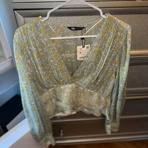 Zara Women's Floral V-Neck Blouse - Yellow and Gray